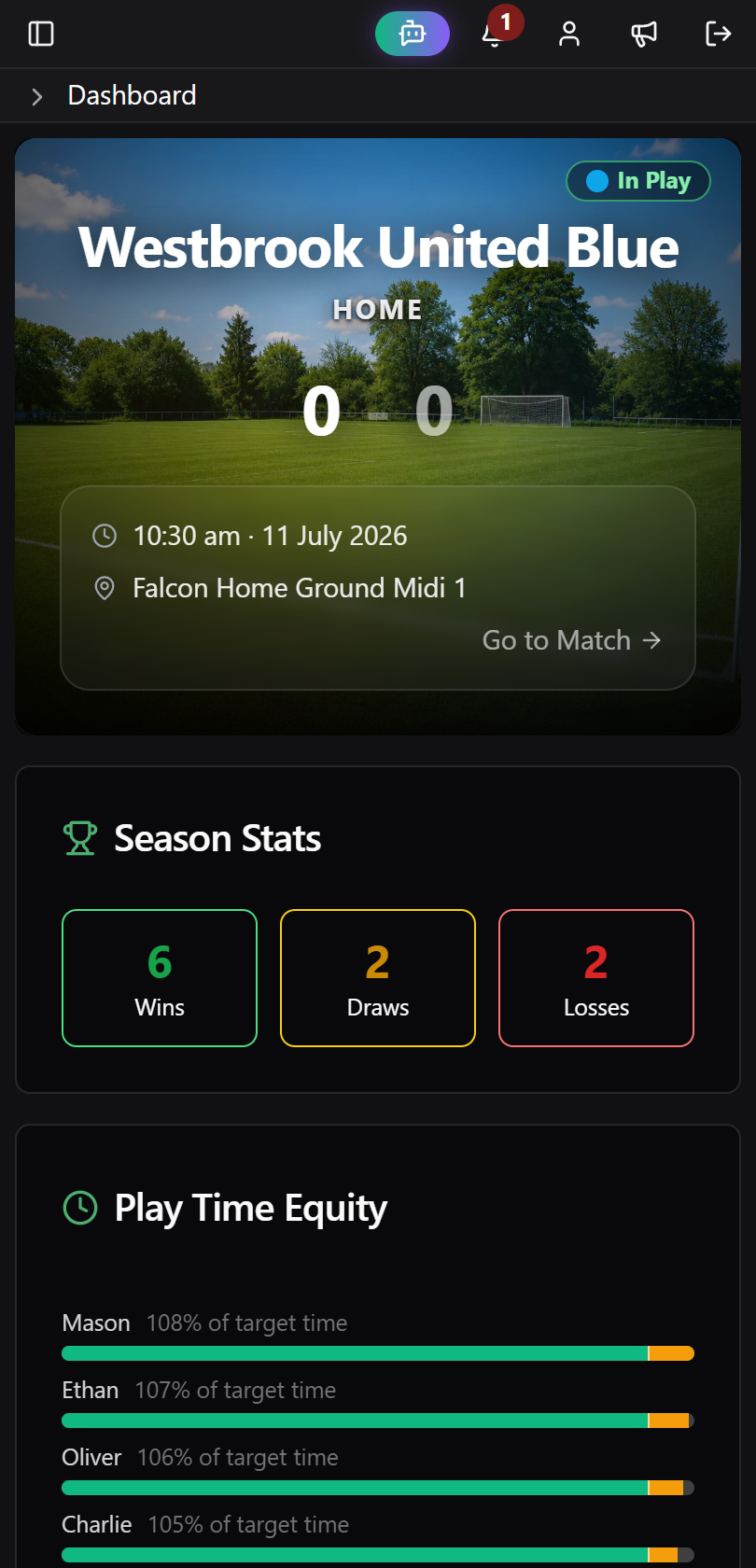 TeamVibe match dashboard showing the live game and play-time equity for every player