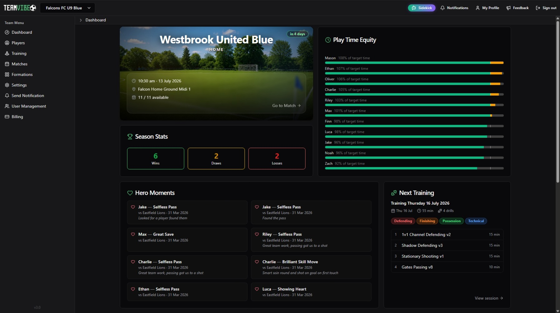 TeamVibe team dashboard running full-width in a web browser on a computer