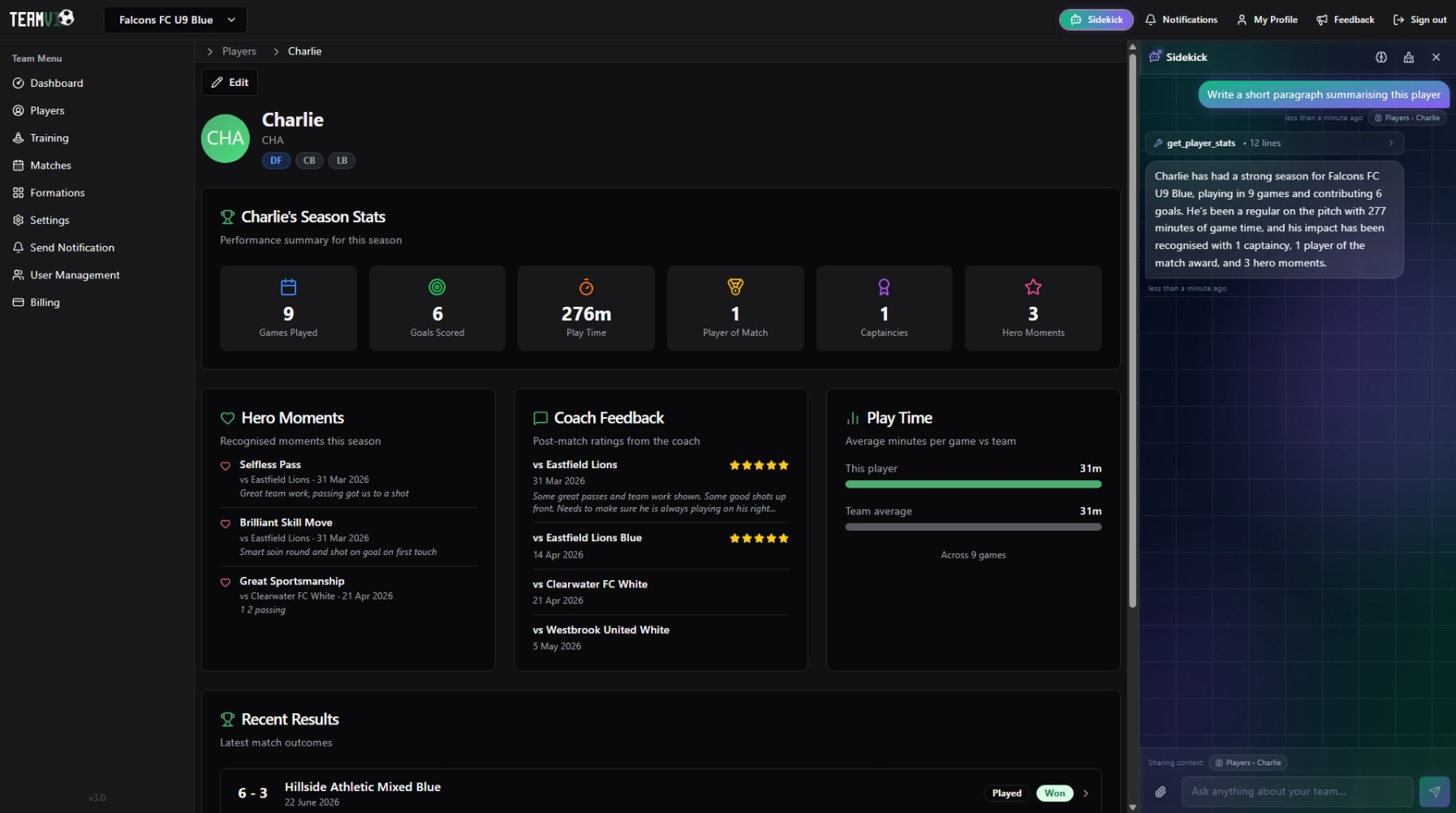 A player's profile page open in a web browser, with the Sidekick assistant alongside