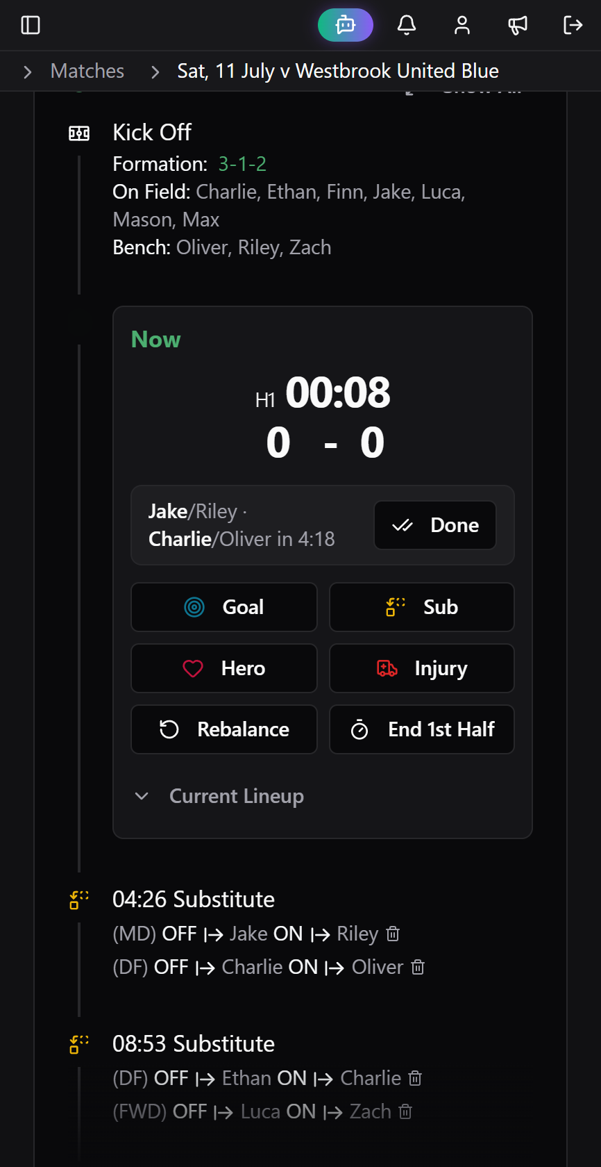 TeamVibe live match timeline with a running clock and one-tap goal, sub, and Hero Moment buttons