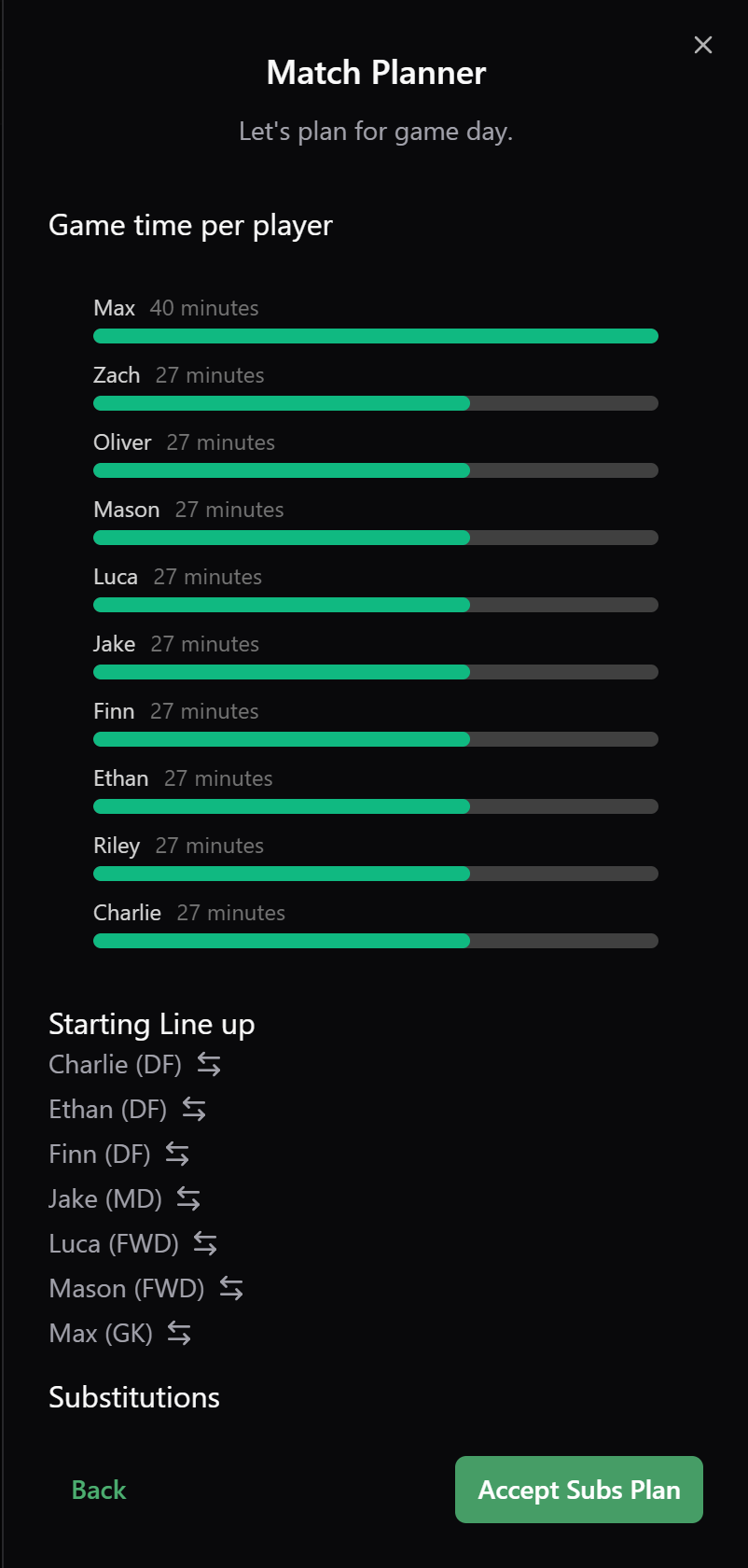 Auto-balanced play time bars for every player in the match planner